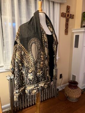 Embroidered Gray & Gold Shawl Jacket - Women's Coat